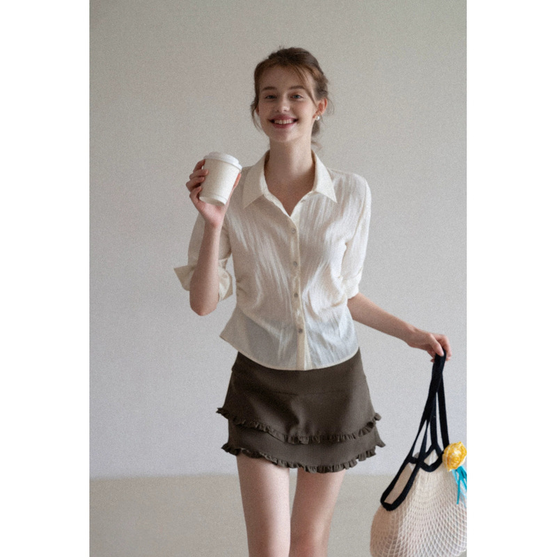 Eggka Apricot-Colored Old Money Style Mid-Sleeve Shirt, New Spring and Summer Style, Waist-Cinching, Elegant, Slimming, Casual, Workwear Cardigan Top Eggka Apricot-Colored Old Money Style Mid-Sleeve Shirt, New Spring and Summer Style, Waist-Cinching, Elegant, Slimming, Casual, Workwear Cardigan Top