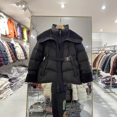 欧货高级羊羔毛拼接羽绒棉服女大翻领2025冬季新款系带收腰外套女
