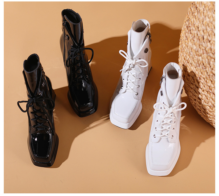 Boot nữ cổ thấp dây buộc khóa kéo gót vuông 9 cm da bóng — Lót nhung đen chi tiết 10