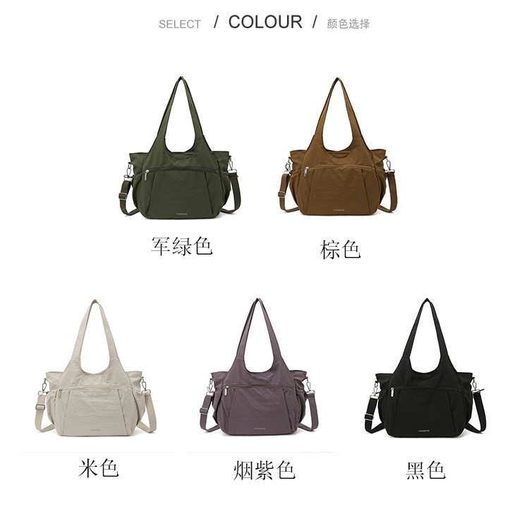 Túi tote nữ cỡ lớn chất liệu nylon nhẹ, túi đeo vai và đeo chéo tiện lợi — Khói tím, Quân đội xanh, màu be, màu nâu chi tiết 3