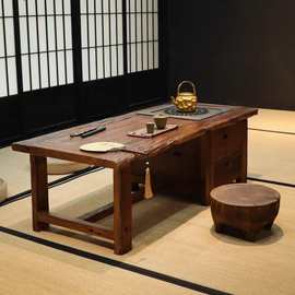 侘寂风老榆木围炉煮茶桌阳台实木喝茶桌禅意庭院泡茶桌烧烤火锅桌