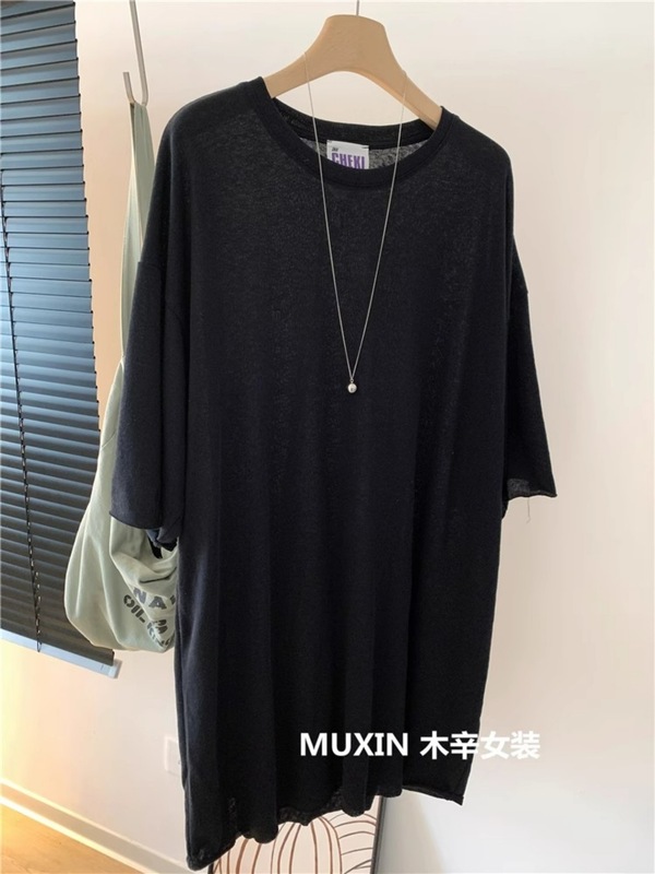 韩版女装麻感棉毛边宽松中长款夏季薄款纯色复古T恤连衣裙短袖ins|undefined