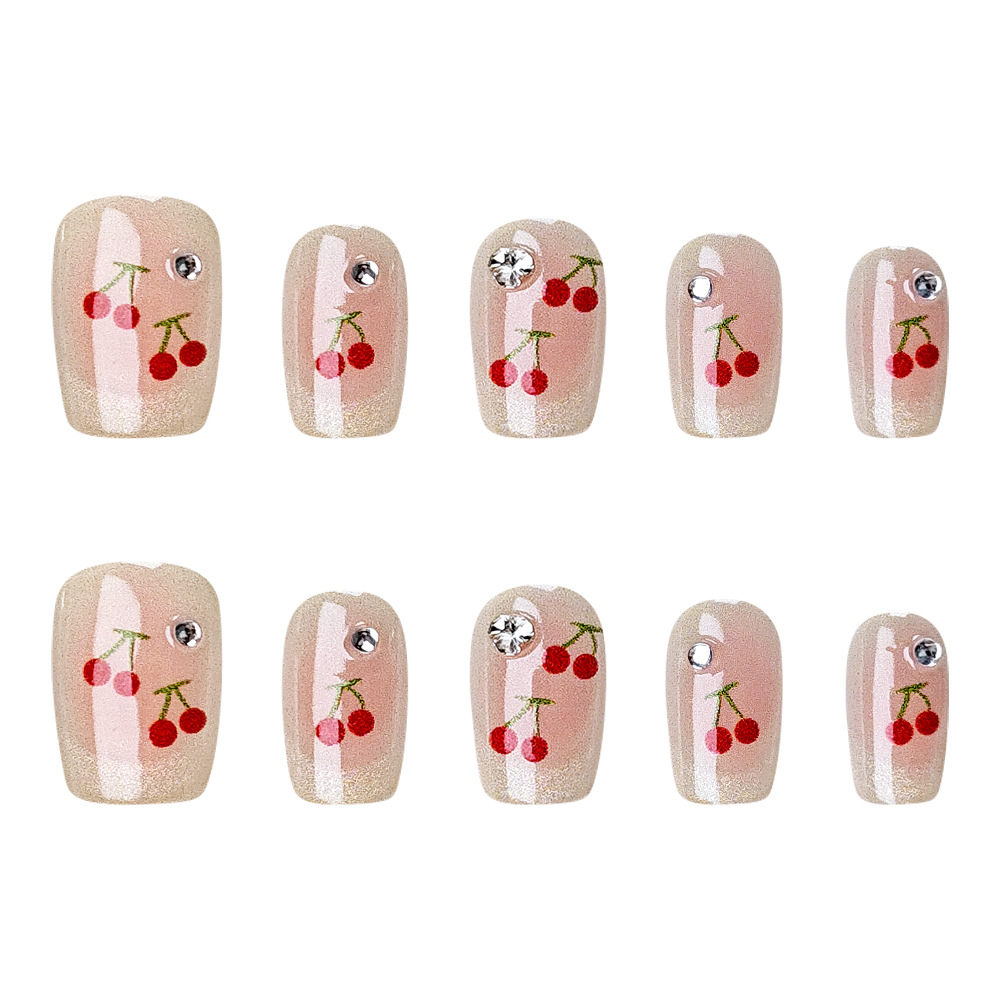 Diamante brillante adornado con armadura de desgaste simple y de moda 10 piezas de parche de uñas de cereza roja rosa claro ojo de gato manicura hecha a mano