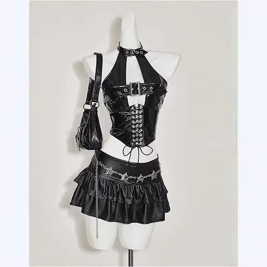 Women's Pu Leather Lace-Up Halter Neck Perforated Buckle Hollow-Out Gothic Rock Y2K Style Tank Top
