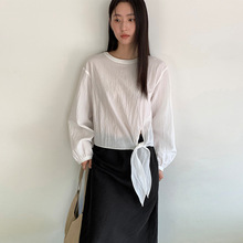 TG 韩系气质圆领衬衫女2025早秋新款下摆绑带宽松显瘦短上衣25651