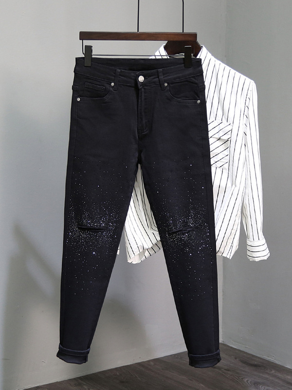 Winter Jeans Trendy Brand Men's 2022 Spring and Autumn New Black Hot Drilling Slim-fit Skinny Pants Stretch Long Pants