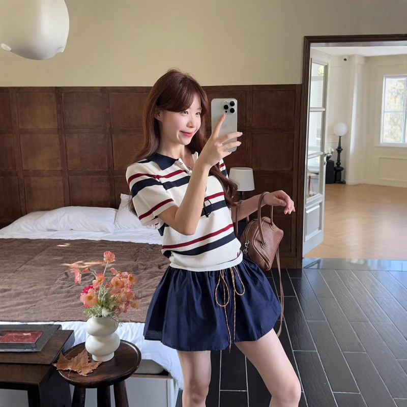 适美2025夏季学院风套装条纹翻领短袖T恤女纯色抽绳半身裙两件套|undefined