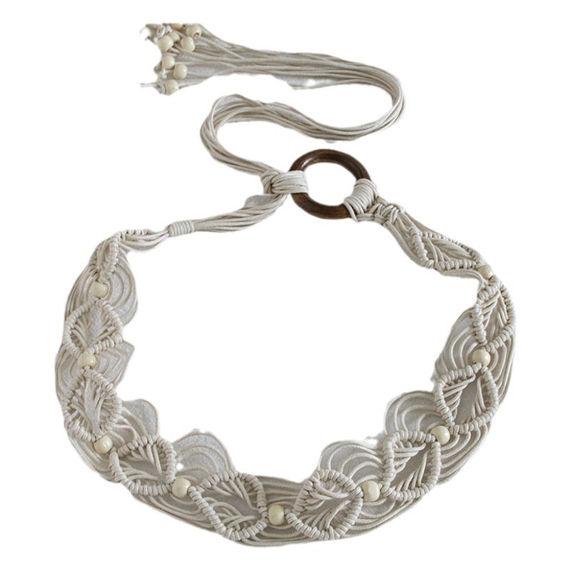 Estilo bohemio cuerda de cera tejida anudada estilo étnico cuentas de madera hechas a mano cinturón de mujer estilo de vacaciones casual exquisita cuerda de cintura