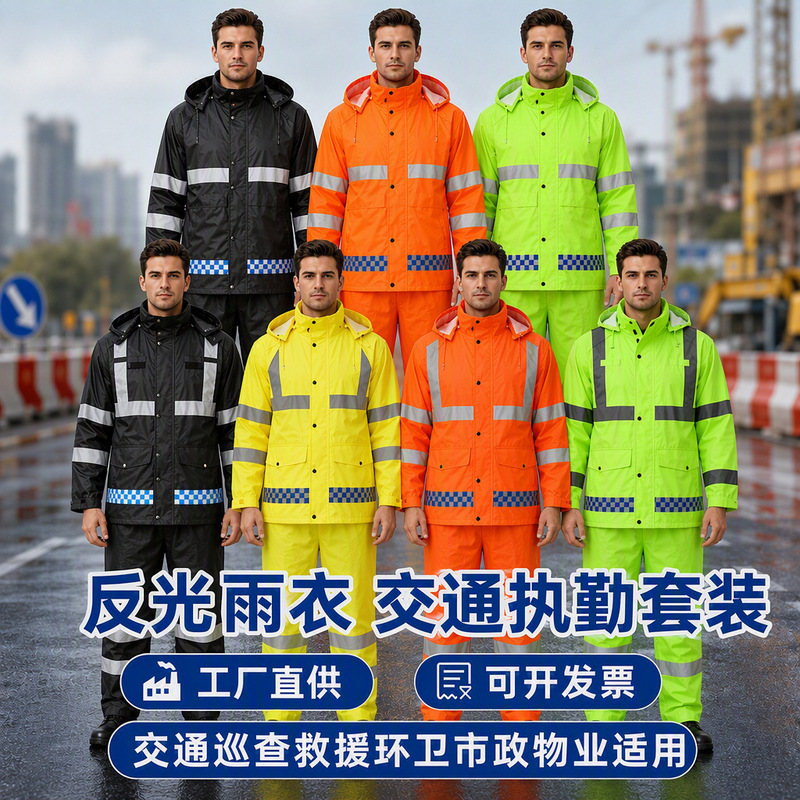 Reflective Traffic Safety Clothing Raincoat and Rain Pants Set for Men and Women, Separate Pieces for Cycling, Road Administration, Flood Prevention, and Road Use Reflective Traffic Safety Clothing Raincoat and Rain Pants Set for Men and Women, Separate Pieces for Cycling, Road Administration, Flood Prevention, and Road Use