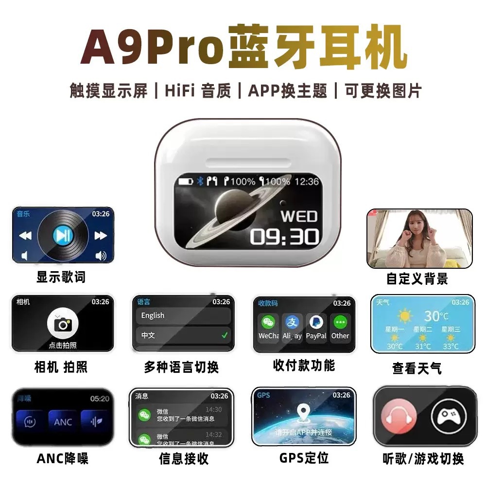 Cross-Border New Bluetooth Headset A9Pro Wireless In-Ear Anc Active Noise Reduction Smart Color Display Screen