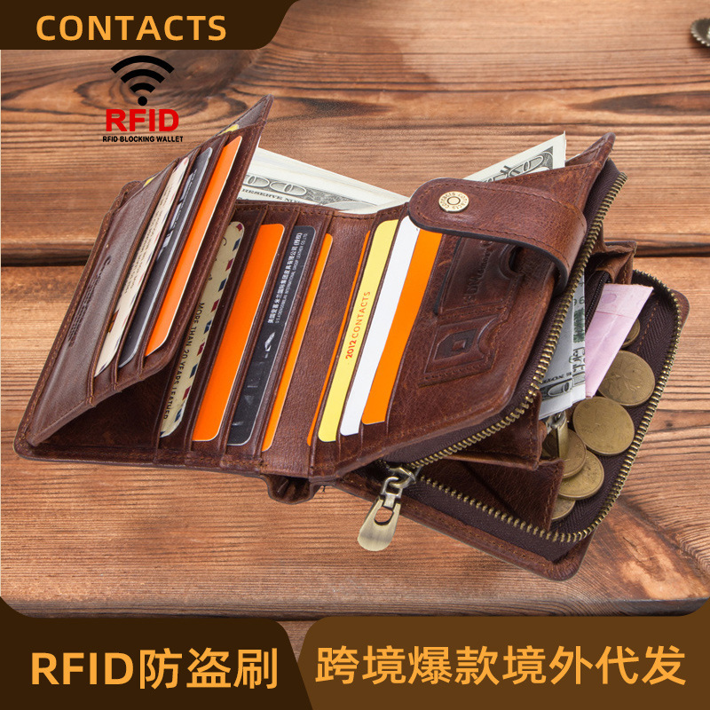 Black Angel Factory Supply Rfid Crazy Horse Cowhide Multifunctional Men's Wallet Genuine Leather Clutch Cross-Border Dropshipping
