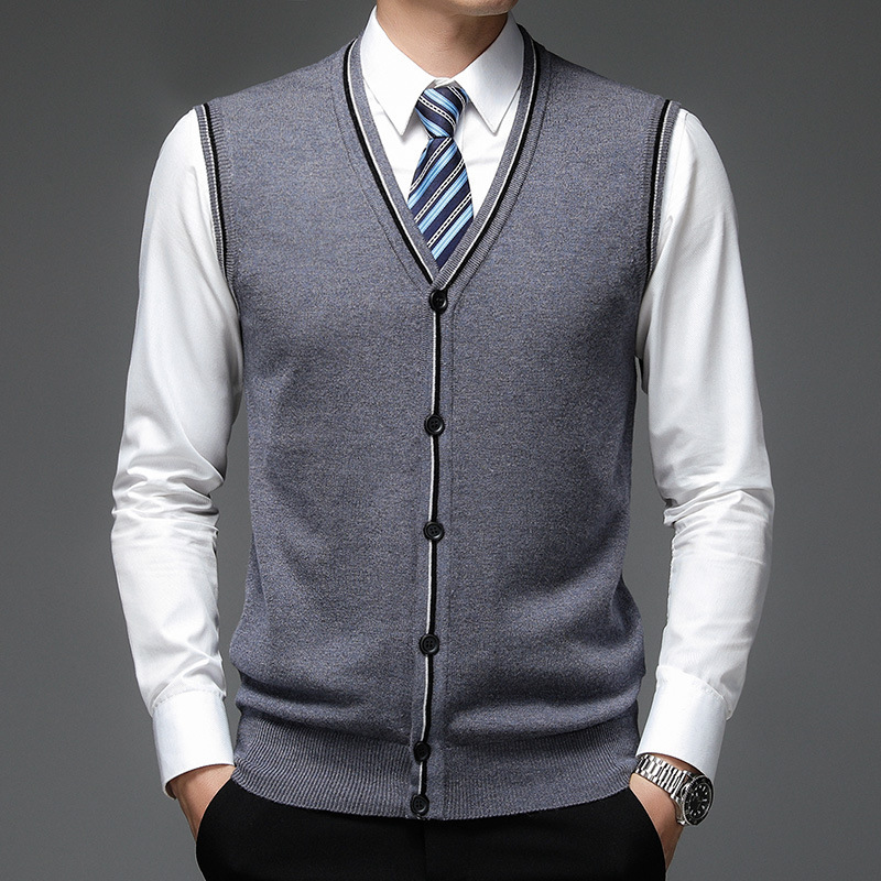 Autumn and Winter Wool Vest Men's Middle-Aged V Neck Vest Knitted Cardigan Pure Cashmere Bottoming Dad Vest Sweater