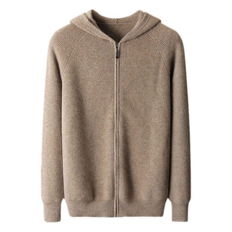 23 Otoño e Invierno suéter de lana de los nuevos hombres jóvenes y de mediana edad casual cremallera con capucha cardigan suéter deportivo de lana pura