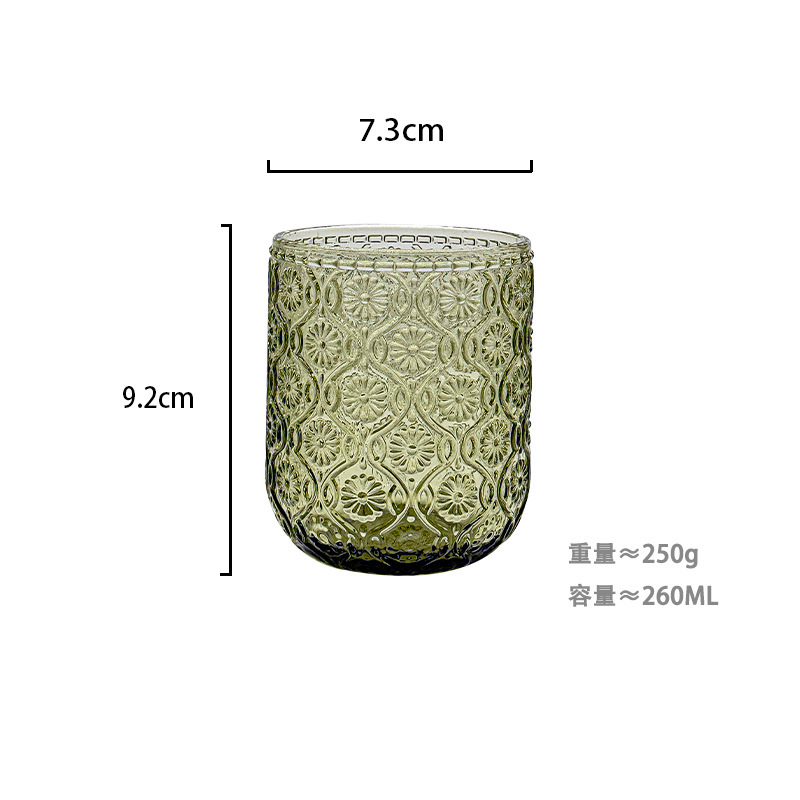 Fábrica al por mayor tazas de agua europeas tazas de vidrio de colores tazas de enjuague bucal de hotel tazas de jugo en relieve tazas de leche domésticas gruesas