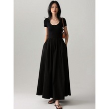 新款法式赫本风夏季短袖拼接显瘦收腰黑色a字大摆裙气质中长裙子