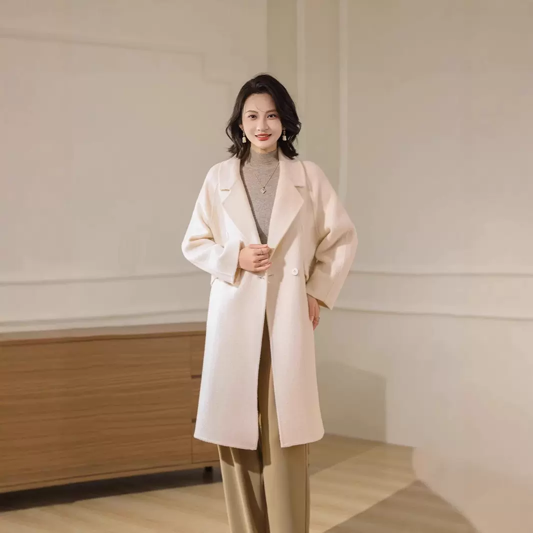 2025新款米白色双面羊绒大衣女士长款双面绒气质宽松显瘦毛呢外套