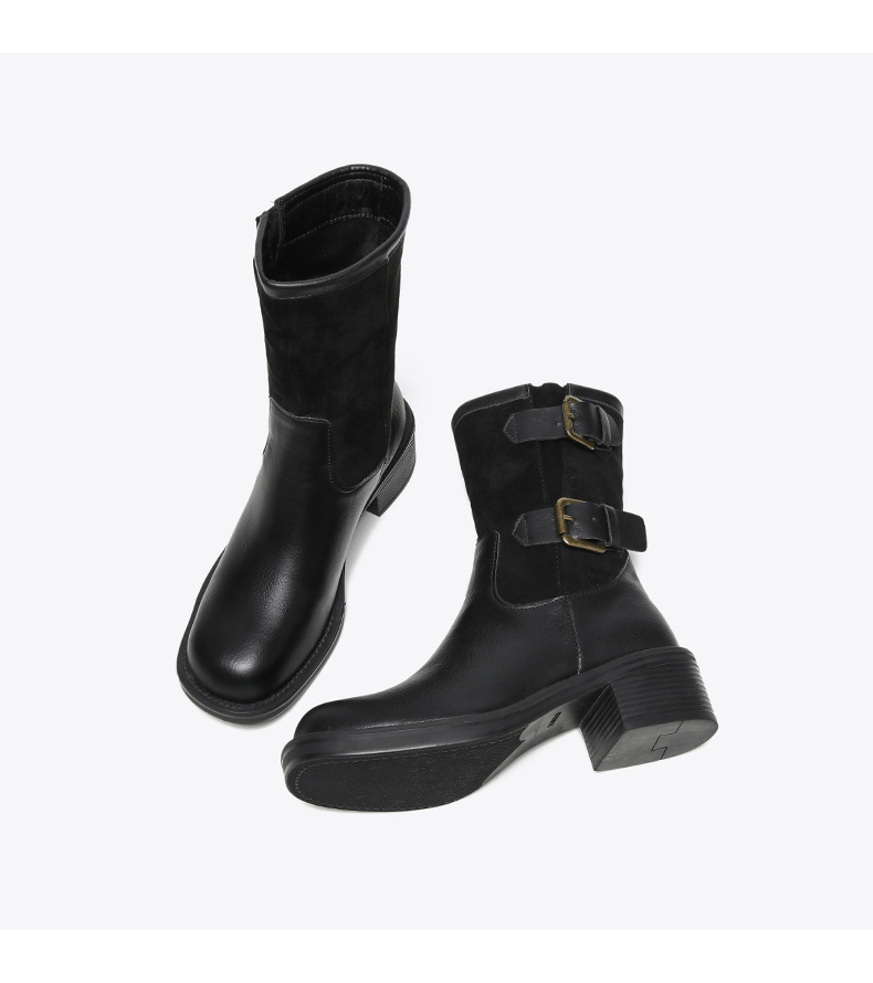 Vintage high-heeled booties Women's boots New fall/winter belt buckle mid-calf single boot chunky heel boots_voghion.com