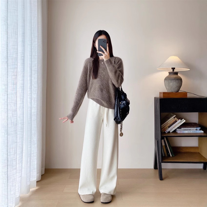 일본 입 바지 2.0 실크 울 캐주얼 스트레이트 바지 ELASTOSTOELASTIC WAIST DAPDOWN 스트레이트 캐주얼 바지 가을과 겨울