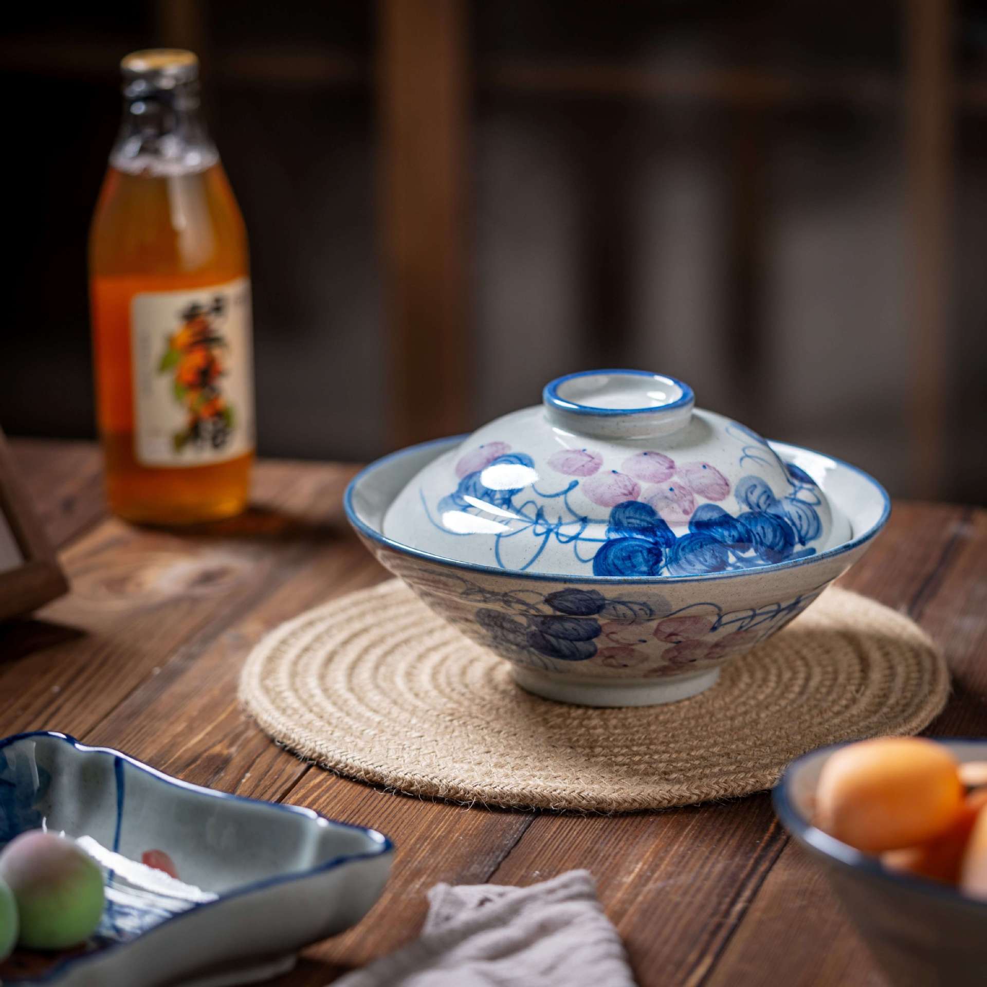 [박스형 찌개그릇] 경덕진 수제 뚜껑있는 그릇, 언더글레이즈 컬러 계란찜, 뚜껑이 있는 도자기 식기, 수제 도자기