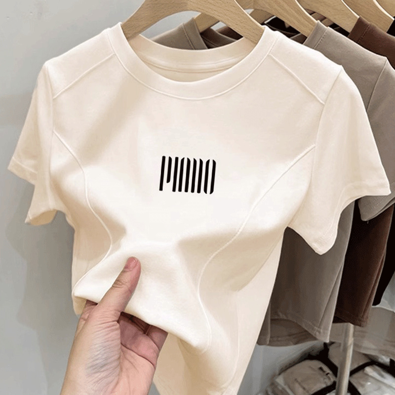 European Design Sense Fish Bone T-shirt Women's plus size Summer New Slimming Round Neck Shirt Short Sleeve Niche All-match Top