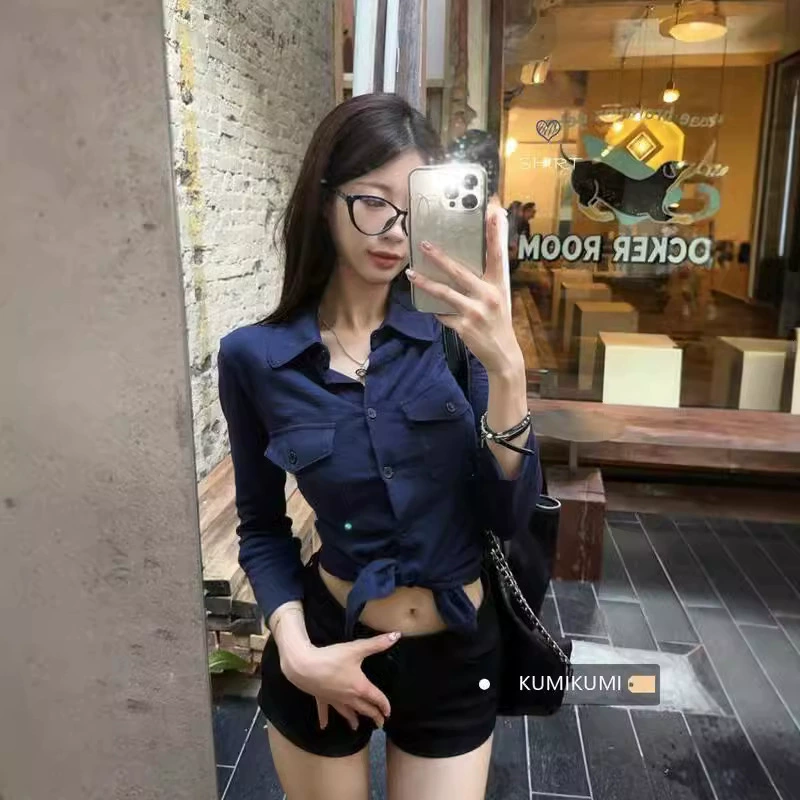 Корейская версия горячей девушки ветра сексуальный сплошной цвет солнцезащитный крем семь очков рукава рубашка женская осенняя талия тонкая короткая рубашка in