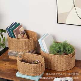 跨境草编编织椭圆收纳筐水果点心篮手提储物伴手礼鲜花零食收纳筐