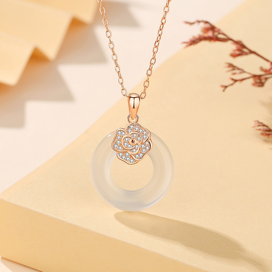 S925 plata blanco Jade hebilla de seguridad collar de las mujeres de moda nacional nuevo chino Rosa collar con diamante flor joyería al por mayor