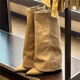 羊皮版~胖mm粗腿真皮厚底裤管靴女宽筒粗跟高跟长靴骑士靴长筒靴