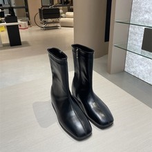 牛皮版~真皮简约row风切尔西靴女平底短筒马丁靴子裸靴黑色女单靴