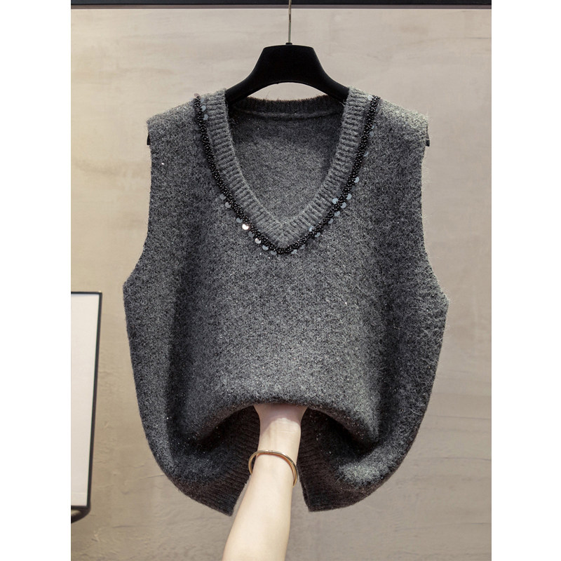 Sequin V-Neck Knitted Sweater Vest for Women, Spring 2026 New Style, Loose Fit, Layered Wear, Gray Sleeveless Vest