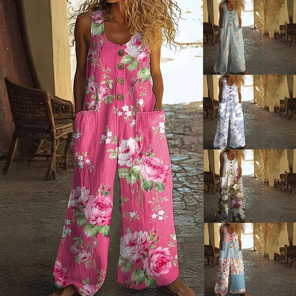 2025 Foreign Trade Cross-Border New Women's Clothing Casual Sleeveless Loose Pocket Overalls Women's Long Jumpsuit