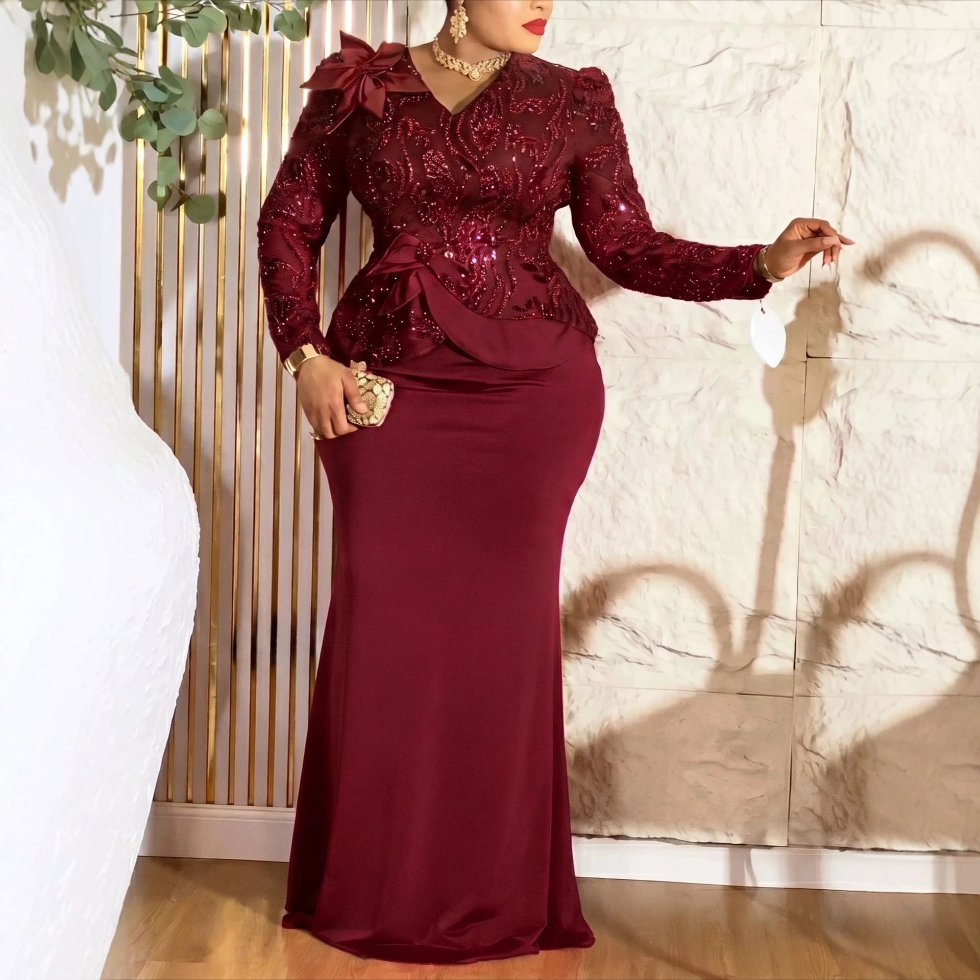 Plus-Size Women's Dress in Rose Red with Sequins, Long-Sleeve Mermaid Gown with 3D Floral Ruffles and Waist-Cinching Design for Parties