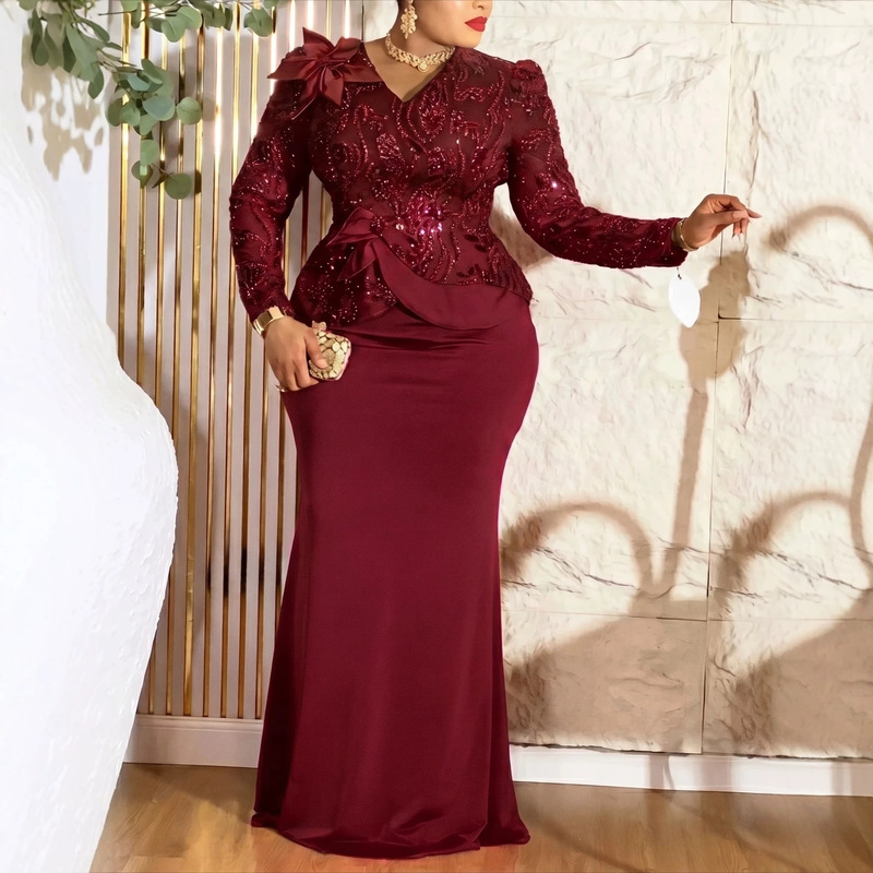 Plus-Size Women's Dress in Rose Red with Sequins, Long-Sleeve Mermaid Gown with 3D Floral Ruffles and Waist-Cinching Design for Parties
