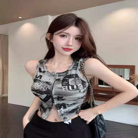 纯欲性感双拉链扎染上衣女夏季新款美式复古印花带胸垫背心打底衫