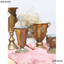 金色花瓶古典高脚杯花器花盆复古餐桌花艺铁艺金属欧式婚礼摆件