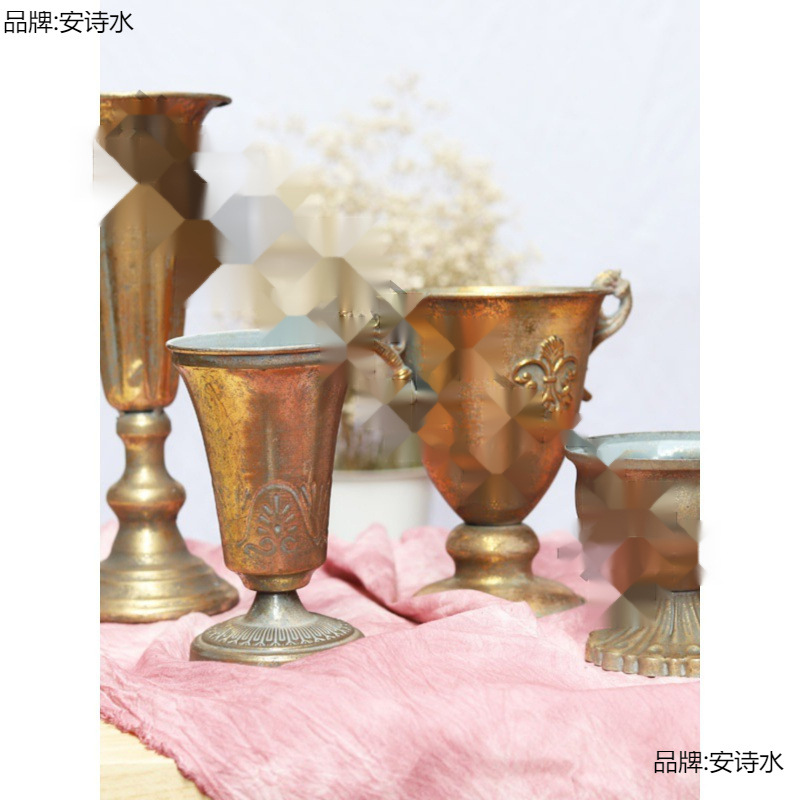金色花瓶古典高脚杯花器花盆复古餐桌花艺铁艺金属欧式婚礼摆件