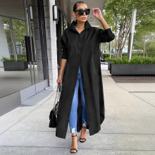 加工定制欧美跨境秋冬新款时尚休闲纯色长衫外套衬衫款连衣裙