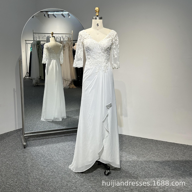 Lace Tulle Half Sleeve Handmade Embroidered Wedding Dress See-through Sexy Floor Length Wedding Dress Prom Gown