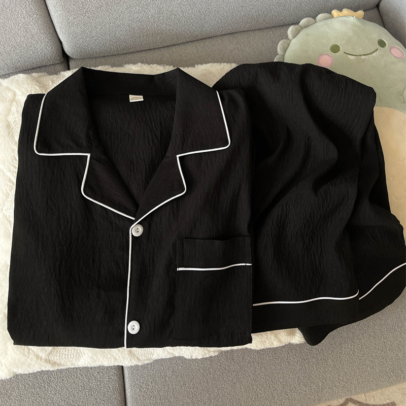大码100%纯棉纱男士睡衣春秋款长袖简约黑色外穿家居服夏季套装|undefined