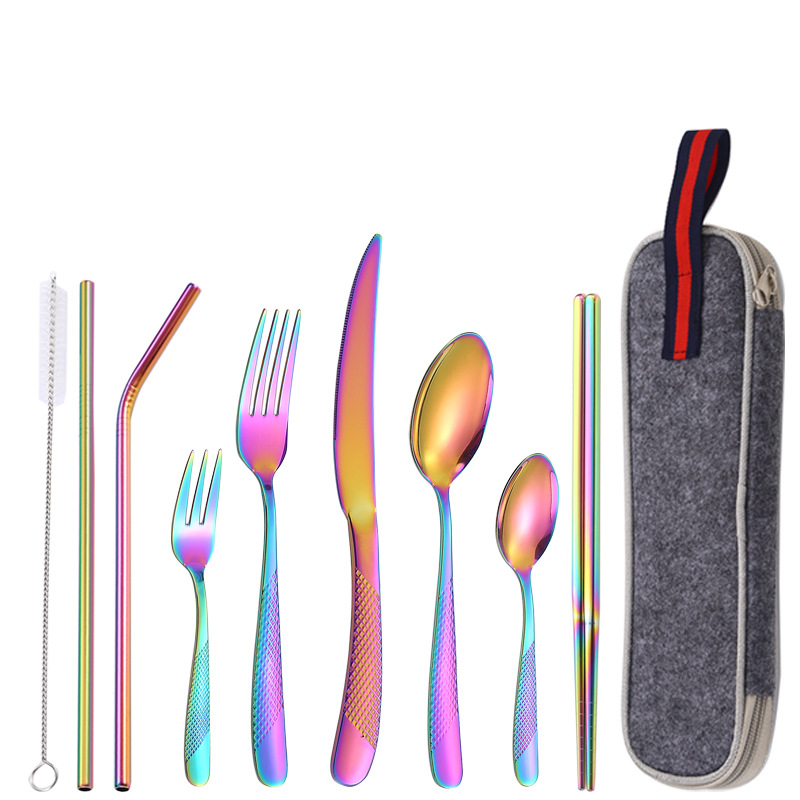 Diamante estrella cuatro piezas principales transfronterizo cuchillo, tenedor y cuchara de paja 9 piezas traje de paja de acero inoxidable directo de fábrica