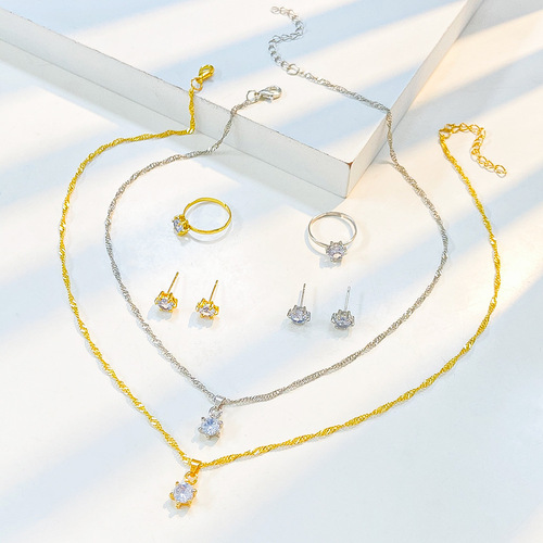 Elegant and Fashionable Three-Piece Set for Women: Cross-Border European and American Style Solitaire Diamond Necklace, Ring, and Earrings Set with Six-Claw Setting