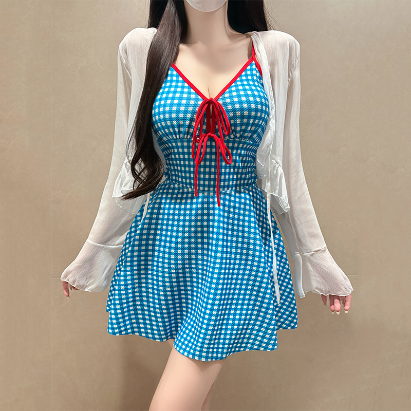 Plus Size One Piece Swimsuit Women's Retro Plaid Long Sleeved Outer Mesh Sun Protection Three Piece Set For Slightly Chubby Girls Concealing Flaws_voghion.com