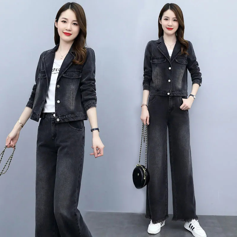 Denim Wide-leg Pants suit Women's 2025 Spring New Fashion Casual Western Style Age-reducing Slimming Short Jacket Two-piece Set