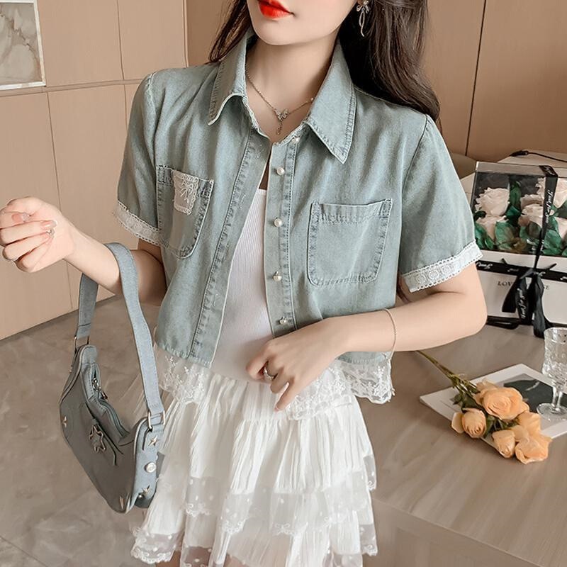 Lace Patchwork Short-Sleeved Denim Jacket for Women Summer 2026 New Retro Shirt Short Jacket Top