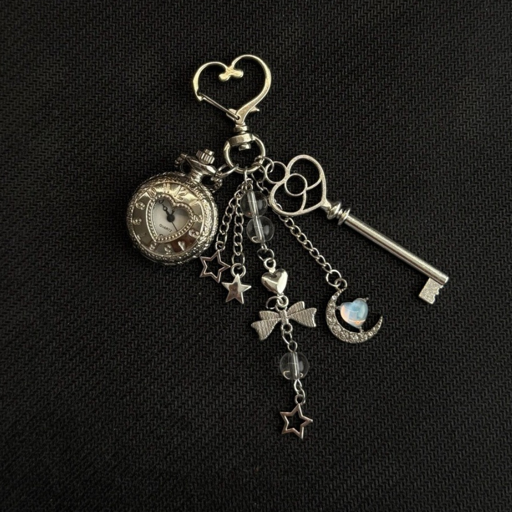 Vintage Heart Keychain Pocket Watch Pendant Star Moon Necklace_voghion.com