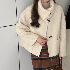 双面羊绒大衣女短款2025秋冬新款韩版宽松显瘦针织领牛角扣外套