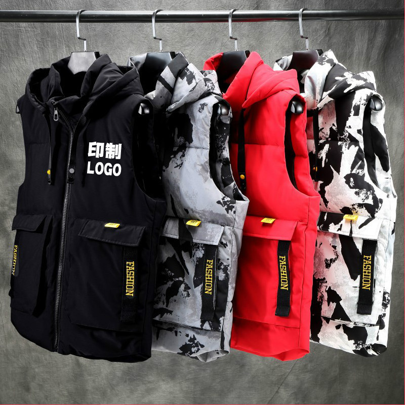 Down Cotton Vest Men's Outer Wearing Spring and Autumn New Style Cotton Clothes Trendy Hood Vest Thickened Warm Waistcoat Jacket