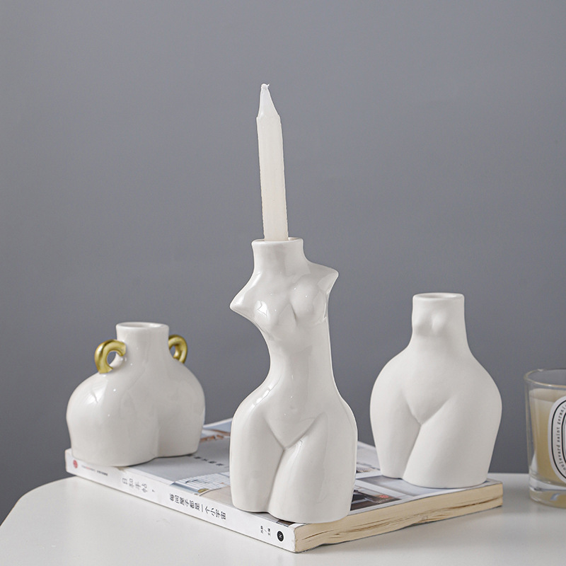 Venta caliente de la fábrica sola cabeza Europea romántica cuerpo cerámica candelabro decoración del hotel titular vela artesanía creativa