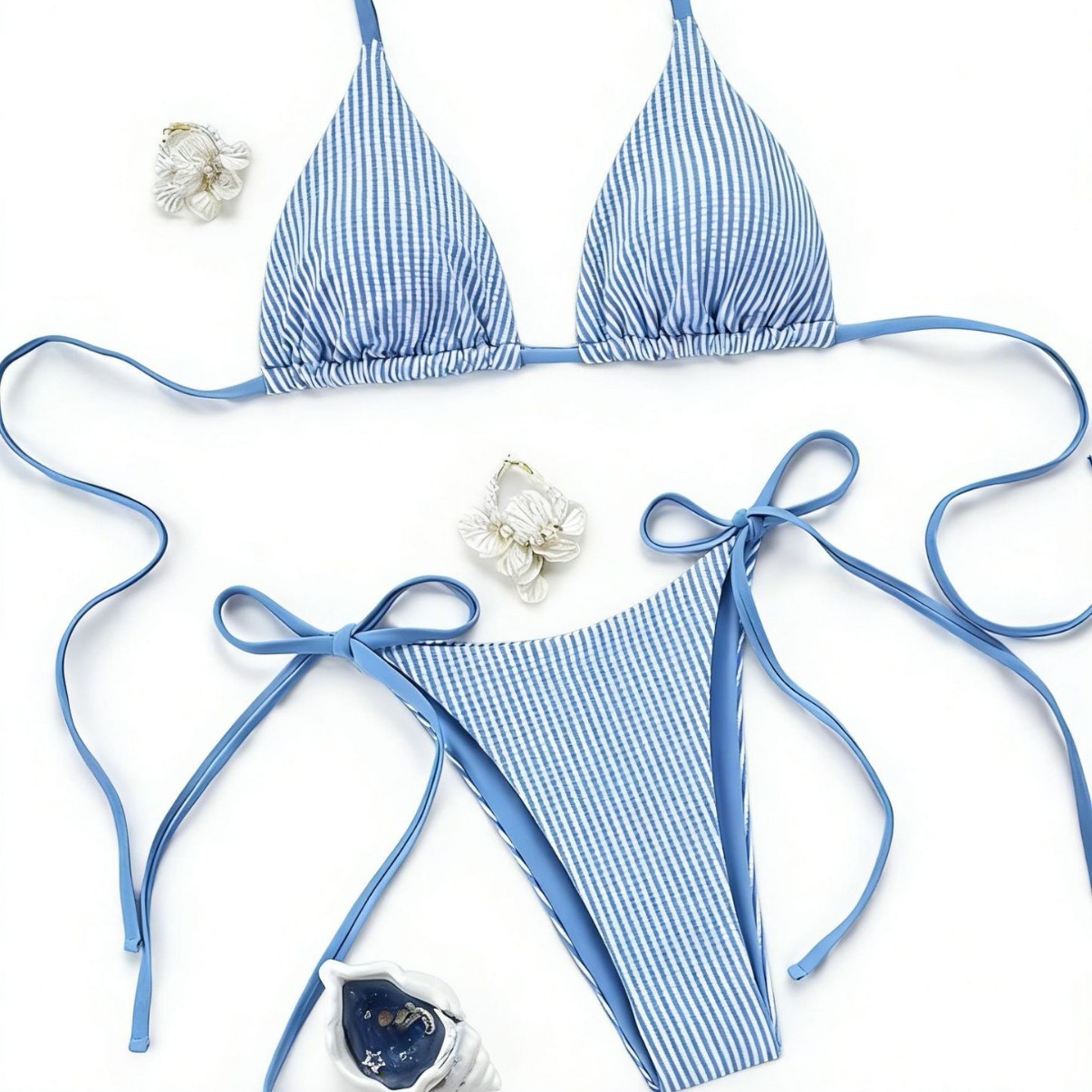 Maillot de bain deux pièces bikini rayé bleu et blanc à bretelles et liens pour femmes_voghion.com