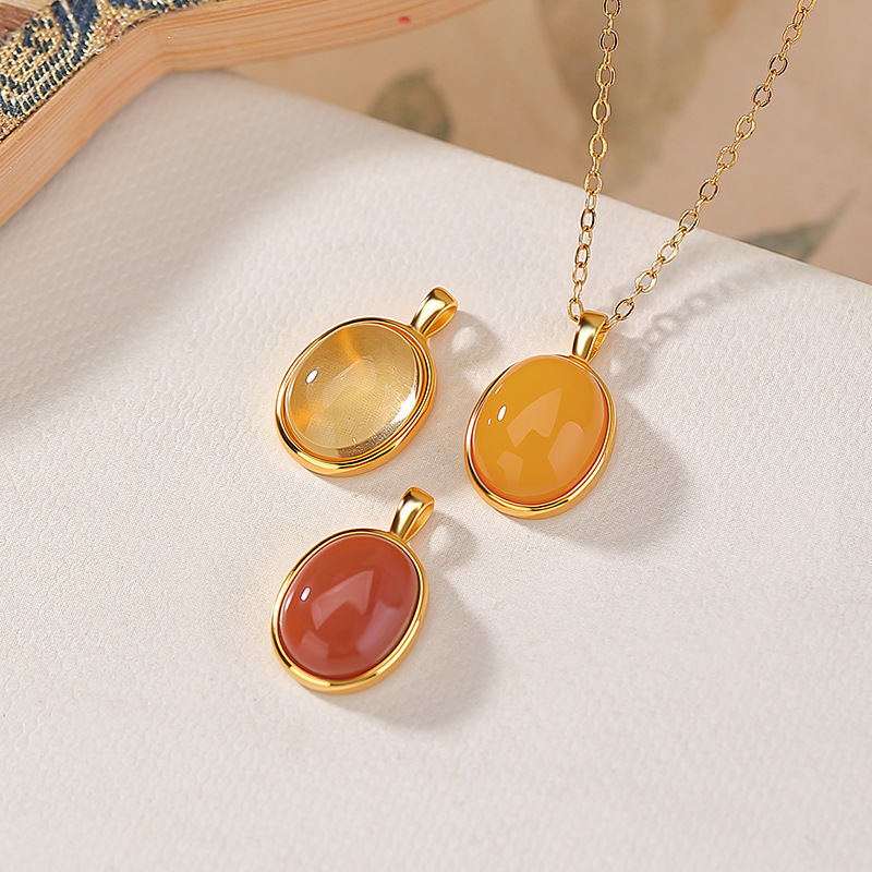 Mặt dây chuyền bạc S925 mạ vàng hình oval đính đá mã não đỏ phong cách tối giản — Mã não đỏ (mặt dây chuyền đơn)